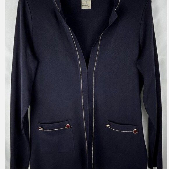 Exclusively Misook Navy Blue Gold Trim Open Front Cardigan Sweater Sz S Pockets - Picture 1 of 5